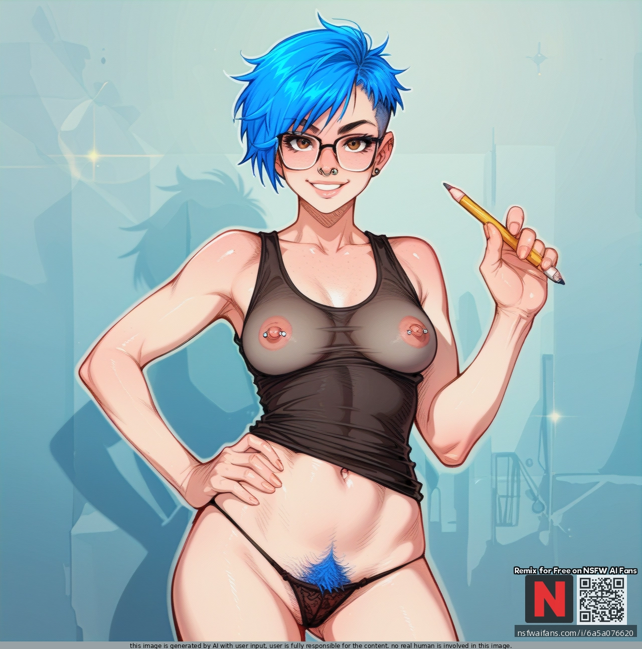 Girl, blue_hair, hazel eyes, (light_smile) pixie_cut, septum, glasses, septum_piercing nose_ring, black_tanktop, Nipple show-through, nipping_out, panties, (looking_at_viewer), nipple_piercing, standing, (hand_on_hip) holding_a_pencil, pubes_showing
