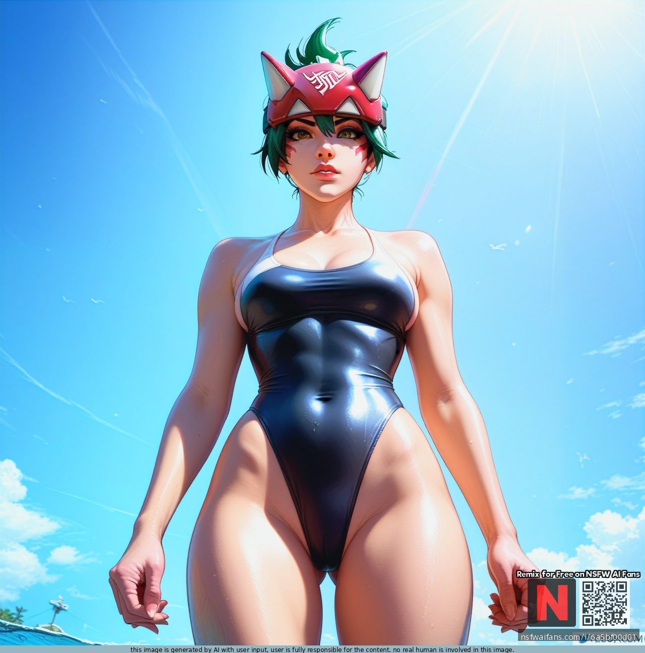 @kiriko, skinny, nude, black_nylon_swimsuit, standing, from_below,