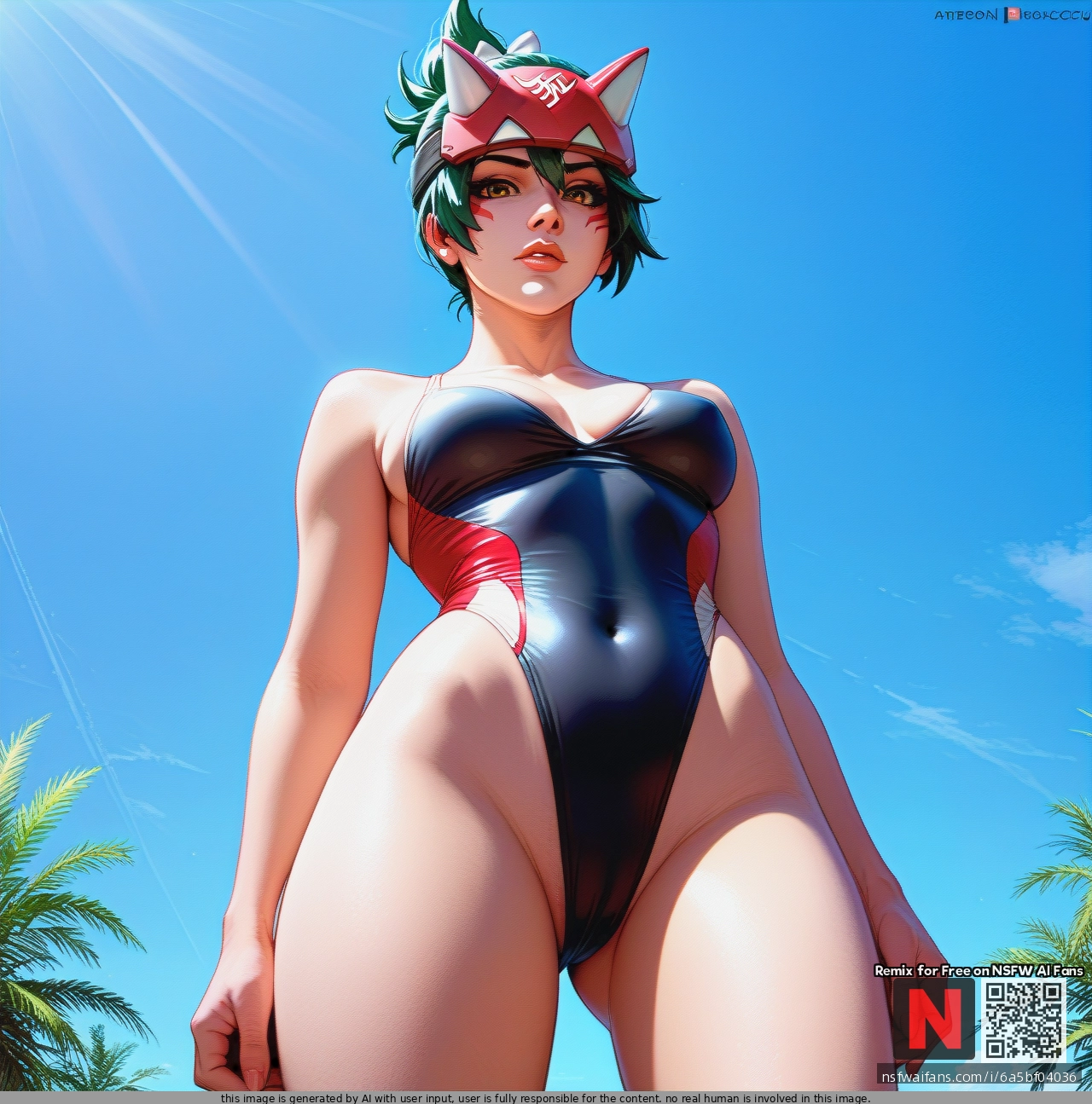 @kiriko, skinny, nude, black_nylon_swimsuit, standing, from_below,
