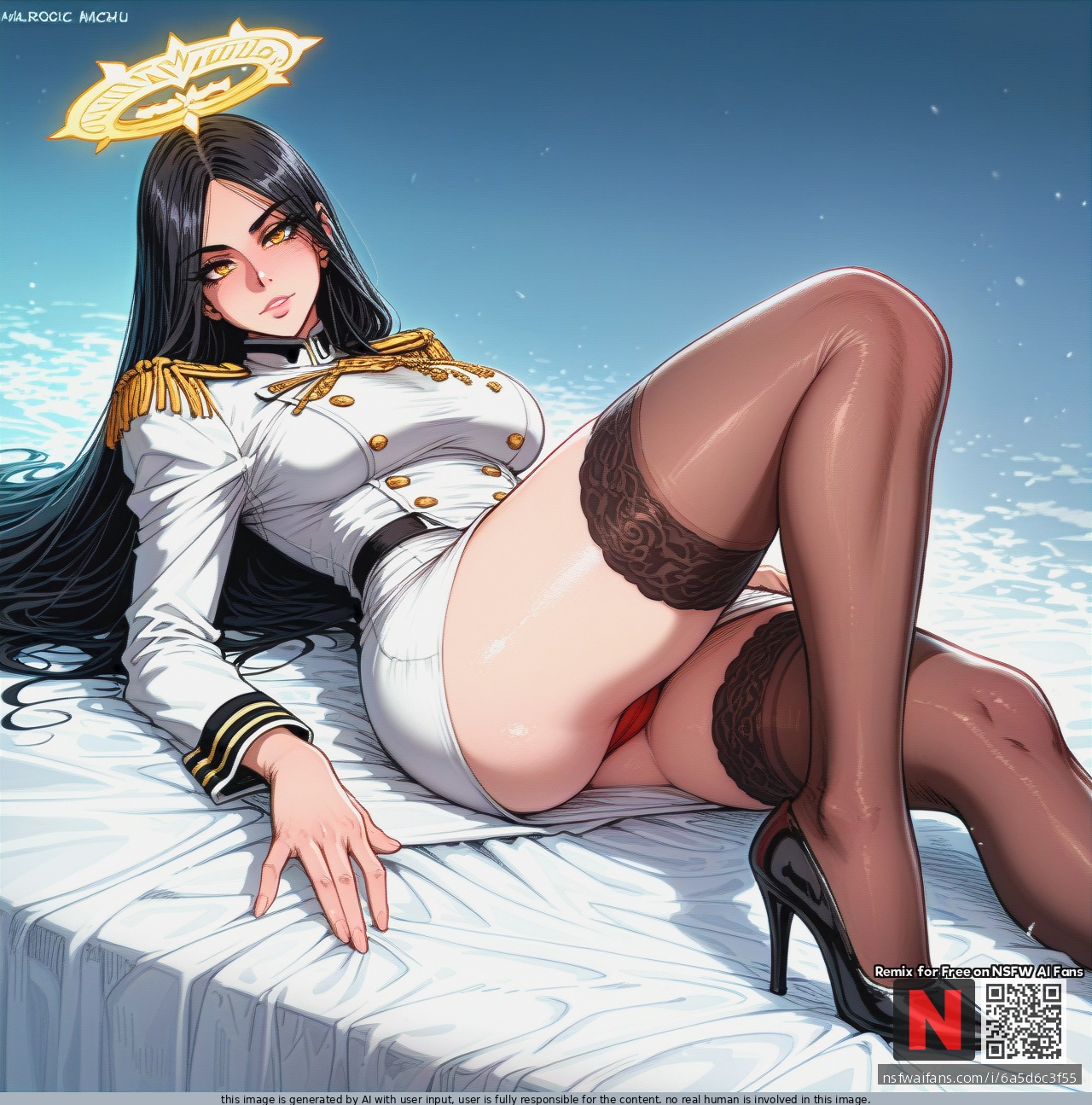 Angel woman, archangel, long black hair, golden eyes, white uniform, black stockings, big ass, curvy hips, long legs, white skirt, high heels, red thong under the skirt, camelt, lying on her back, close-up, wide-legged, porn
