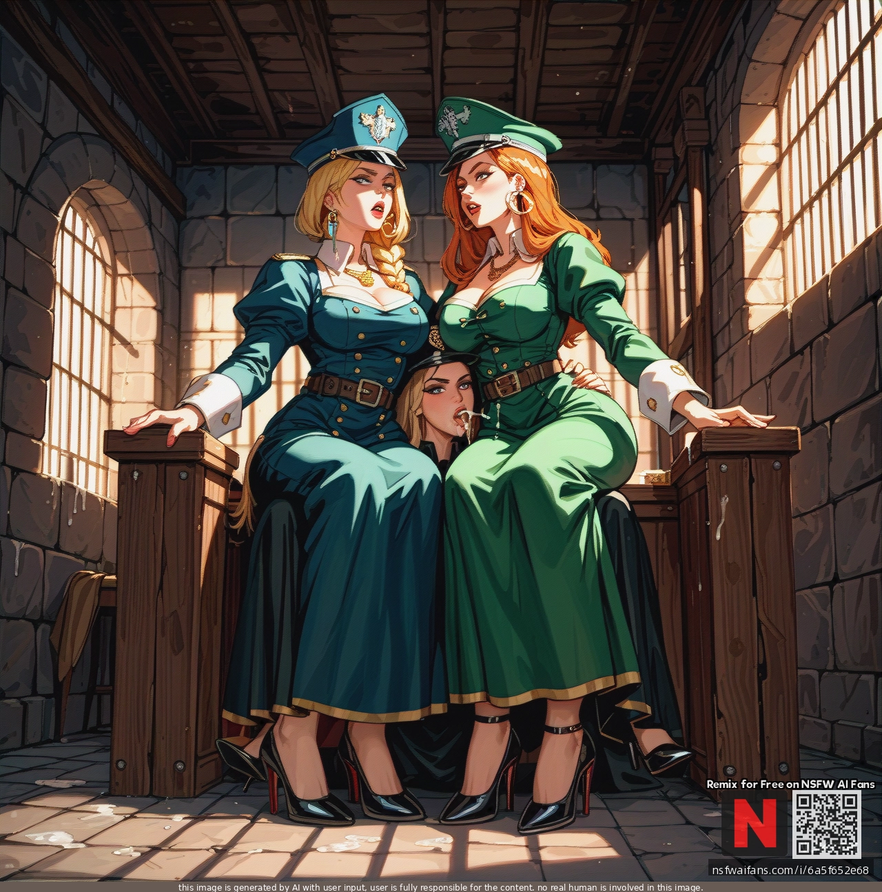 2girl, two girls, self_sucking, cum_inside, reaching_back,backward,hold_neck, black_miniskirt,golden_neclace,dangly_earrings,stiletto_heels, medieval_prison, military_hat
