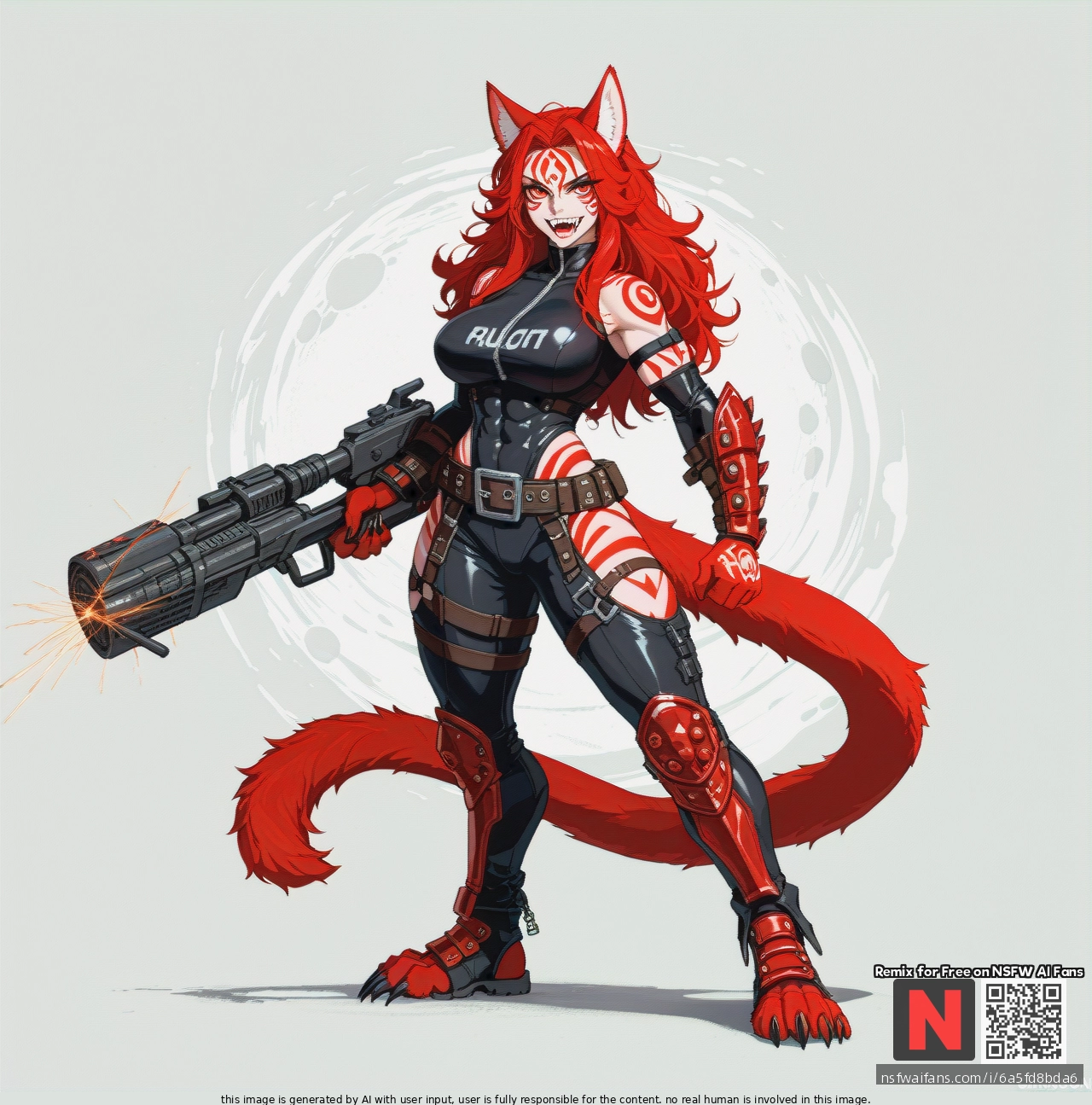 black her form a blend of lupine and feminine. She possesses a robust, athletic build with full breasts and rounded hips. Her body is covered in thick, dark fur with vibrant crimson markings around her piercing crimson eyes, on her pointed wolf ears, down her spine, and on her expressive tail. Her face features a distinct muzzle and sharp fangs, with eyes that convey a wild, predatory intensity. Her attire is minimal, consisting of tattered leather or hide, often with strategic straps and bindings that accentuate her form. Faint, glowing crimson lines pulse beneath her skin, particularly when agitated or aroused, and her nails are like sharp claws. She radiates an aura of raw, dominant sexuality. from distance in full lenght in standing pose her design 2d A post-apocalyptic (multiple_views)