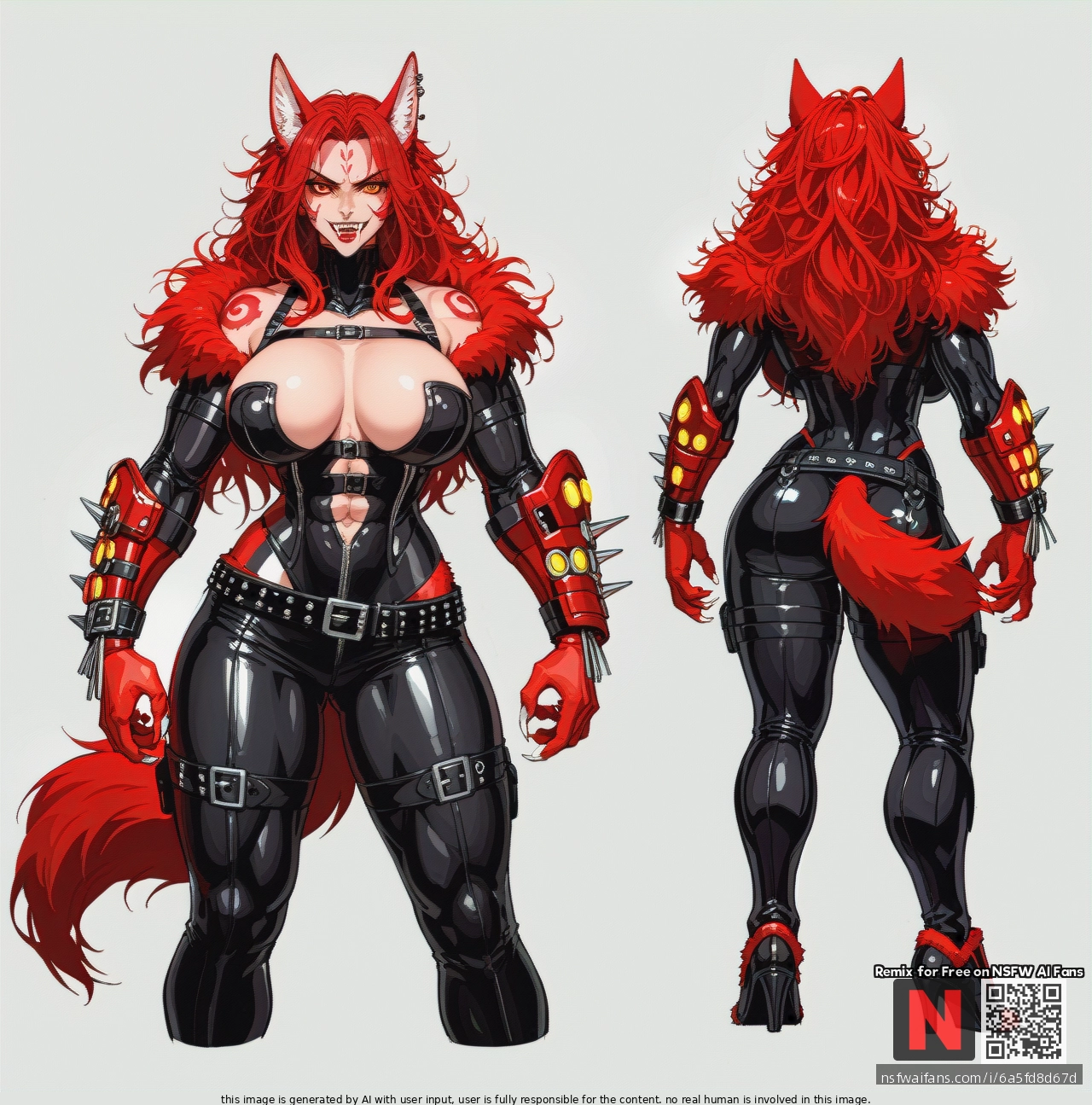 black in night style her form a blend of lupine and feminine. She possesses a robust, athletic build with full breasts and rounded hips. Her body is covered in thick, dark fur with vibrant crimson markings around her piercing crimson eyes, on her pointed wolf ears, down her spine, and on her expressive tail. Her face features a distinct muzzle and sharp fangs, with eyes that convey a wild, predatory intensity. Her attire is minimal, consisting of tattered leather or hide, often with strategic straps and bindings that accentuate her form. Faint, glowing crimson lines pulse beneath her skin, particularly when agitated or aroused, and her nails are like sharp claws. She radiates an aura of raw, dominant sexuality. from distance in full lenght in standing pose her design 2d A post-apocalyptic (multiple_views)