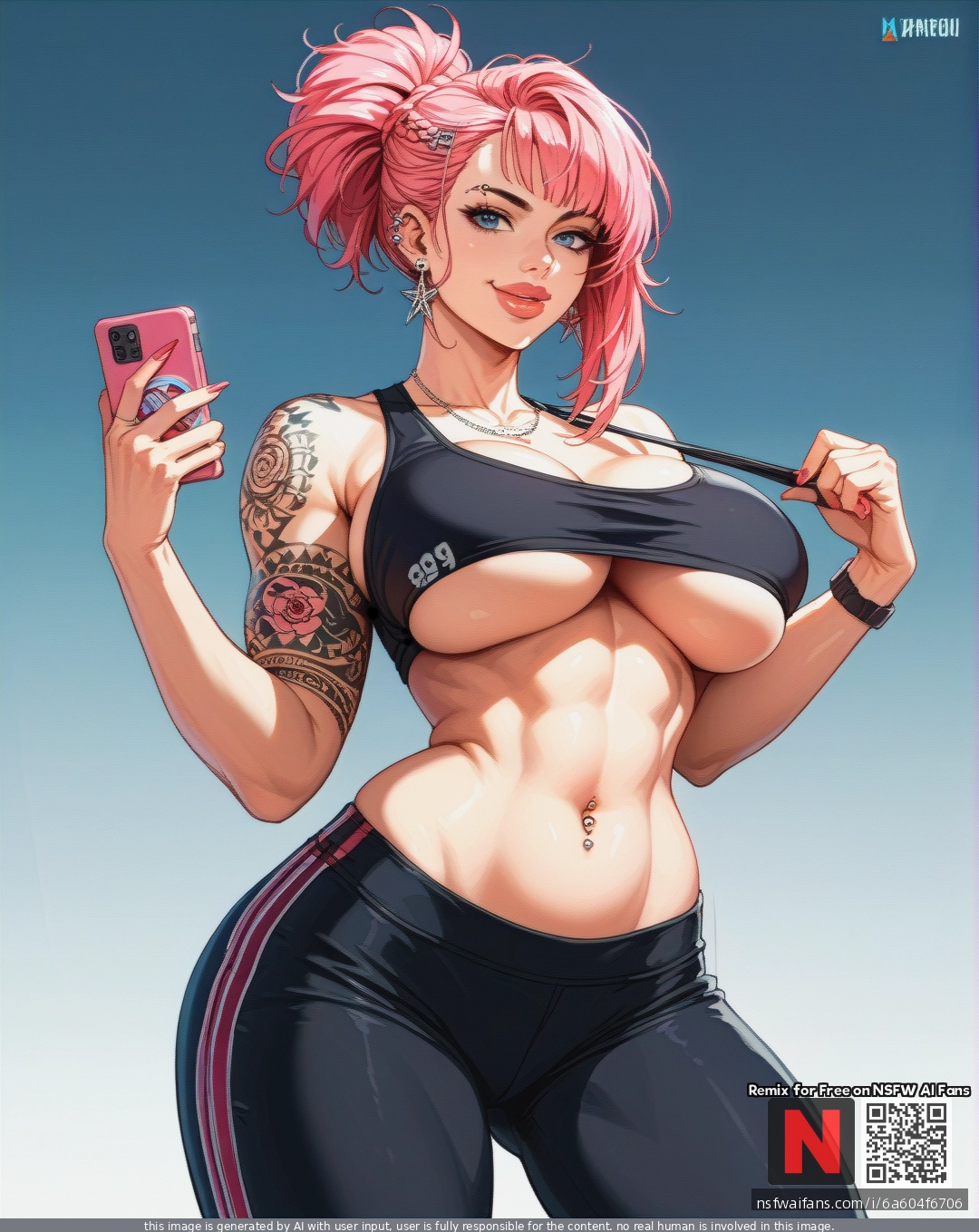 Girl, pink hair, cute face, curvy body, narrow waist, (large_breasts), heavy breasts, better details, better quality, high-quality details, high quality, more resolution, big lips, square hairstyle, (smile), black pants, underboob sport bra, open belly, piercings, tattoos