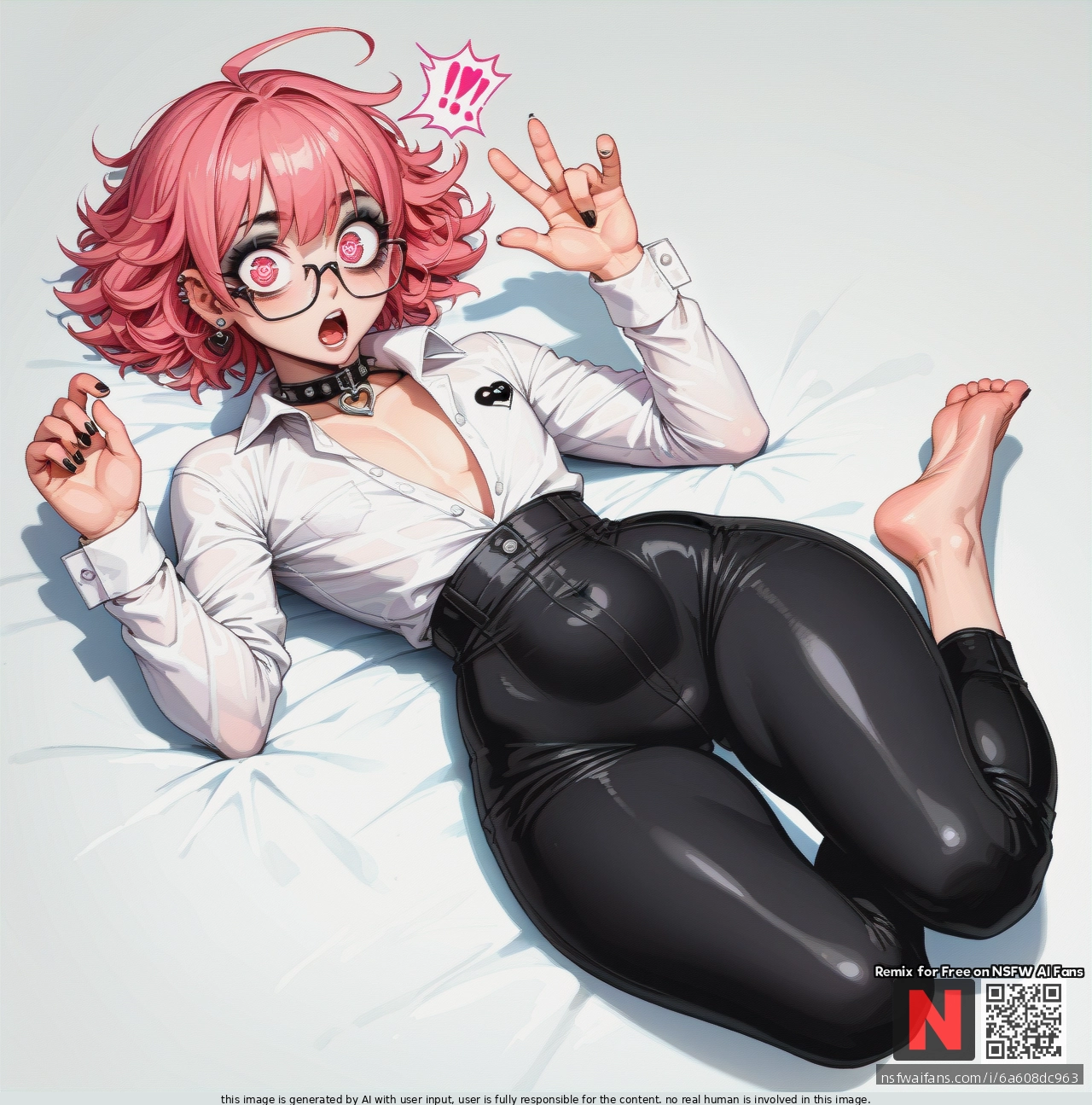 Femboy, pink hair, cute face, soft body, huge ass, huge hips, narrow waist, (flat_chest), better details, better quality, high-quality details, high quality, more resolution, square hairstyle, piercings, goth makeup, buttoned shirt, black pants, glasses, tight collar, open belly, (surprised), (heart-shaped_eyes), lying, barefoot