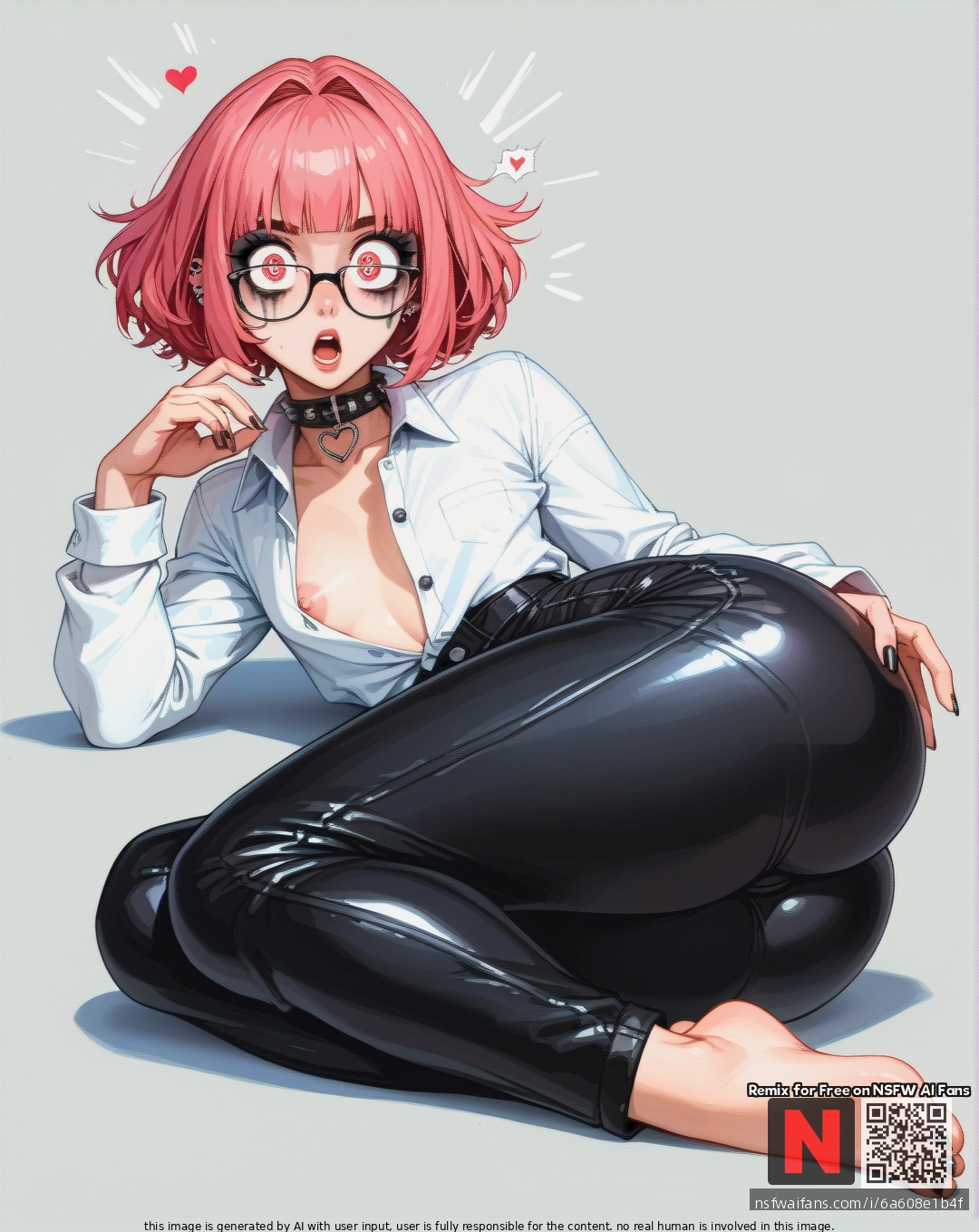 Girl, pink hair, cute face, soft body, huge ass, huge hips, narrow waist, (flat_chest), better details, better quality, high-quality details, high quality, more resolution, square hairstyle, piercings, goth makeup, buttoned shirt, black pants, glasses, tight collar, open belly, (surprised), (heart-shaped_eyes), lying, barefoot