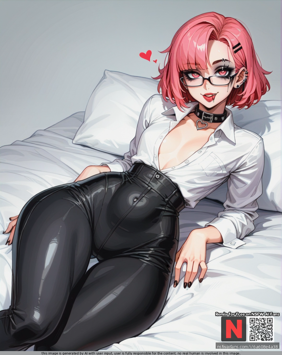Girl, pink hair, cute face, soft body, huge ass, huge hips, narrow waist, (flat_chest), better details, better quality, high-quality details, high quality, more resolution, square hairstyle, piercings, goth makeup, buttoned shirt, black pants, glasses, tight collar, open belly, (naughty_face), (heart-shaped_eyes), lying, barefoot