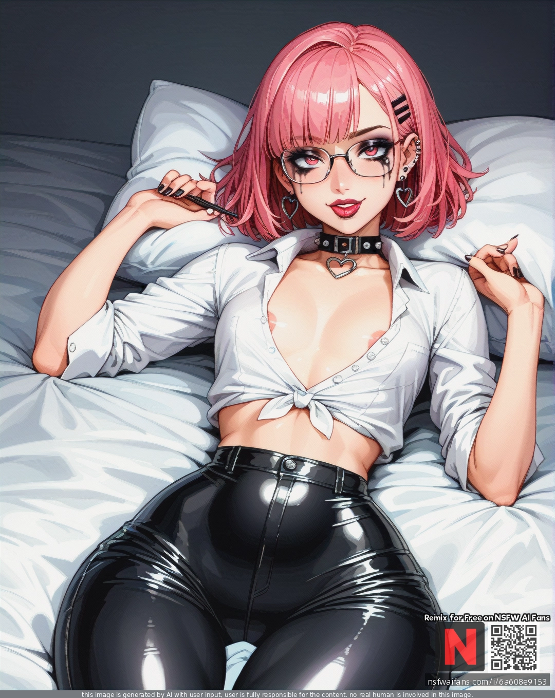 Girl, pink hair, cute face, soft body, huge ass, huge hips, narrow waist, (flat_chest), better details, better quality, high-quality details, high quality, more resolution, square hairstyle, piercings, goth makeup, buttoned shirt, opened black pants, glasses, tight collar, open belly, (naughty_face), (heart-shaped_eyes), lying, barefoot, open belly, pink panties