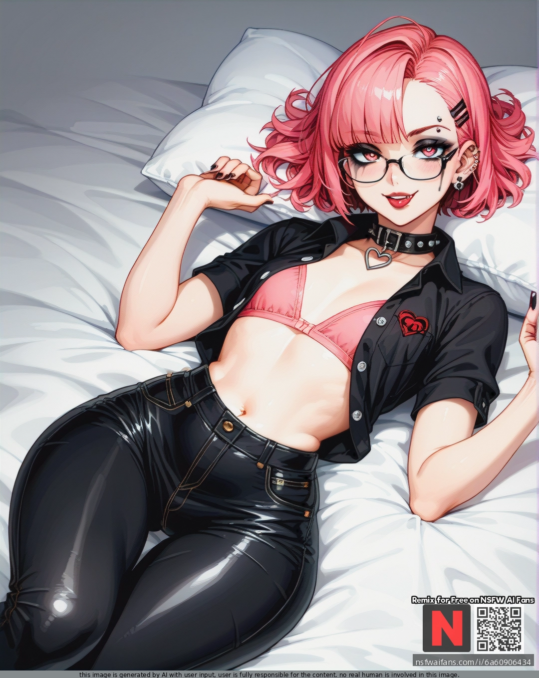 Girl, pink hair, cute face, soft body, huge ass, huge hips, narrow waist, (flat_chest), better details, better quality, high-quality details, high quality, more resolution, square hairstyle, piercings, goth makeup, buttoned shirt, opened black pants, glasses, tight collar, open belly, (naughty_face), (heart-shaped_eyes), lying, barefoot, open belly, pink panties
