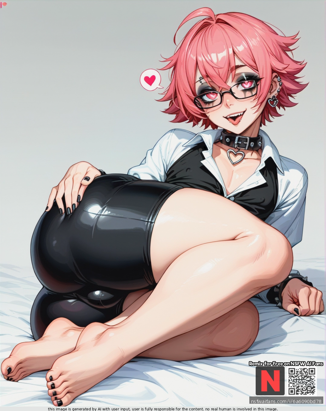 Femboy, pink hair, cute face, soft body, huge ass, huge hips, narrow waist, (flat_chest), better details, better quality, high-quality details, high quality, more resolution, square hairstyle, piercings, goth makeup, buttoned shirt, opened black pants, glasses, tight collar, open belly, (naughty_face), (heart-shaped_eyes), lying, barefoot, open belly, (hugging_own_legs)