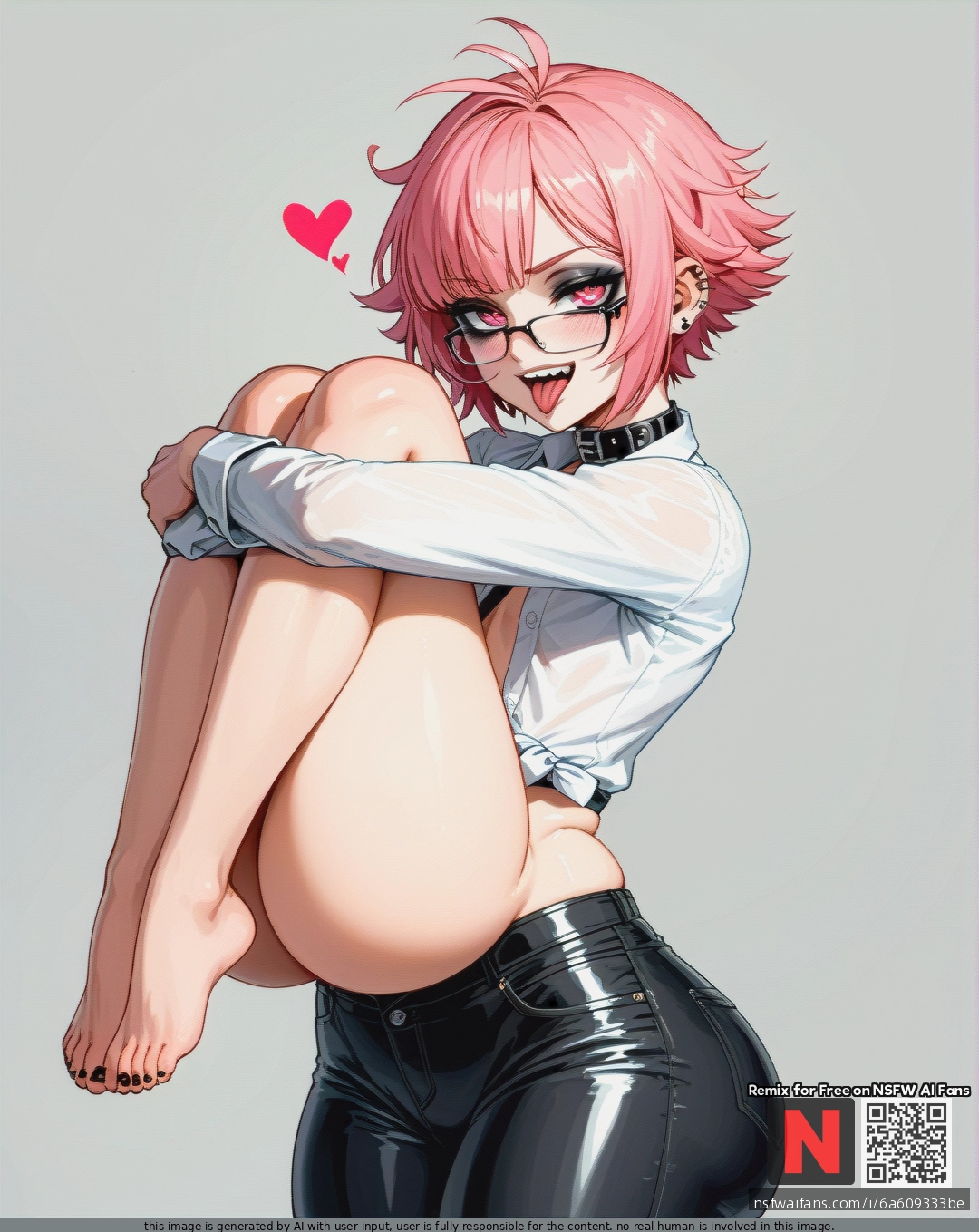 Femboy, pink hair, cute face, soft body, huge ass, huge hips, narrow waist, (flat_chest), better details, better quality, high-quality details, high quality, more resolution, square hairstyle, piercings, goth makeup, buttoned shirt, opened black pants, glasses, tight collar, open belly, (naughty_face), (heart-shaped_eyes), suspended, barefoot, open belly, (hugging_own_legs), anal sex