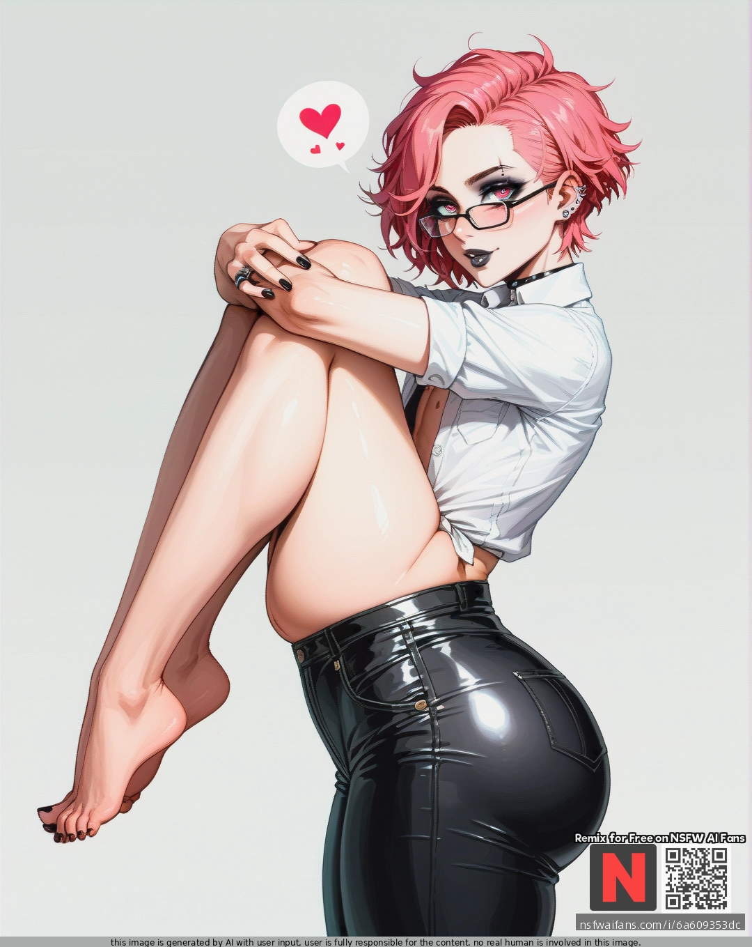 Femboy, pink hair, cute face, soft body, huge ass, huge hips, narrow waist, (flat_chest), better details, better quality, high-quality details, high quality, more resolution, square hairstyle, piercings, goth makeup, buttoned shirt, opened black pants, glasses, tight collar, open belly, (naughty_face), (heart-shaped_eyes), suspended, barefoot, open belly, (hugging_own_legs), anal sex