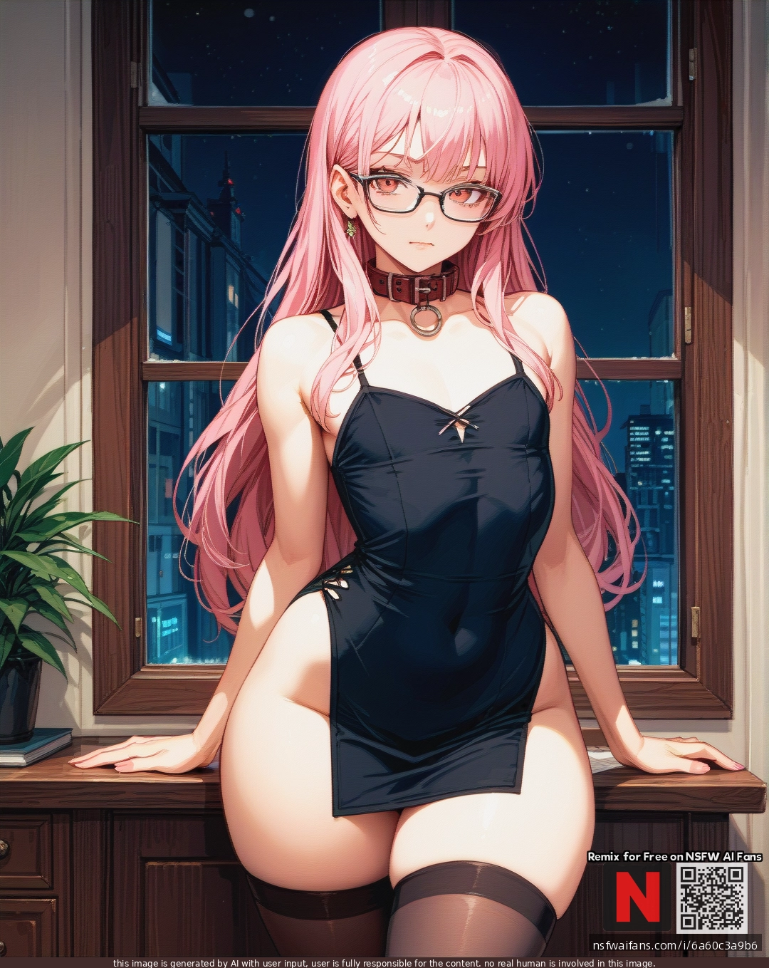 Girl, pink hair, cute face, fit body, huge ass, huge hips, (flat_chest), better details, better quality, high-quality details, high quality, more resolution, black night dress, glasses, collar, long hair, in room, black stockings
