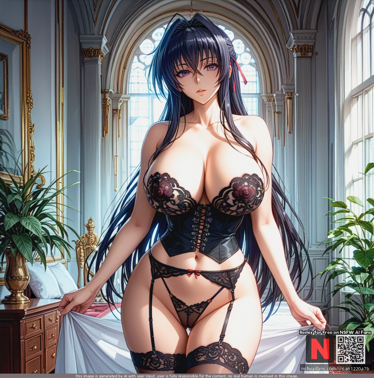 @himejima_akeno Black_lace_bustier_garter_lingerie_set, (huge_breasts), sheer_floral_lace, underwire_cups, fitted_waist, matching_lace_thong, integrated_garter_straps, black_thigh-high_stockings, elegant_luxury_lingerie