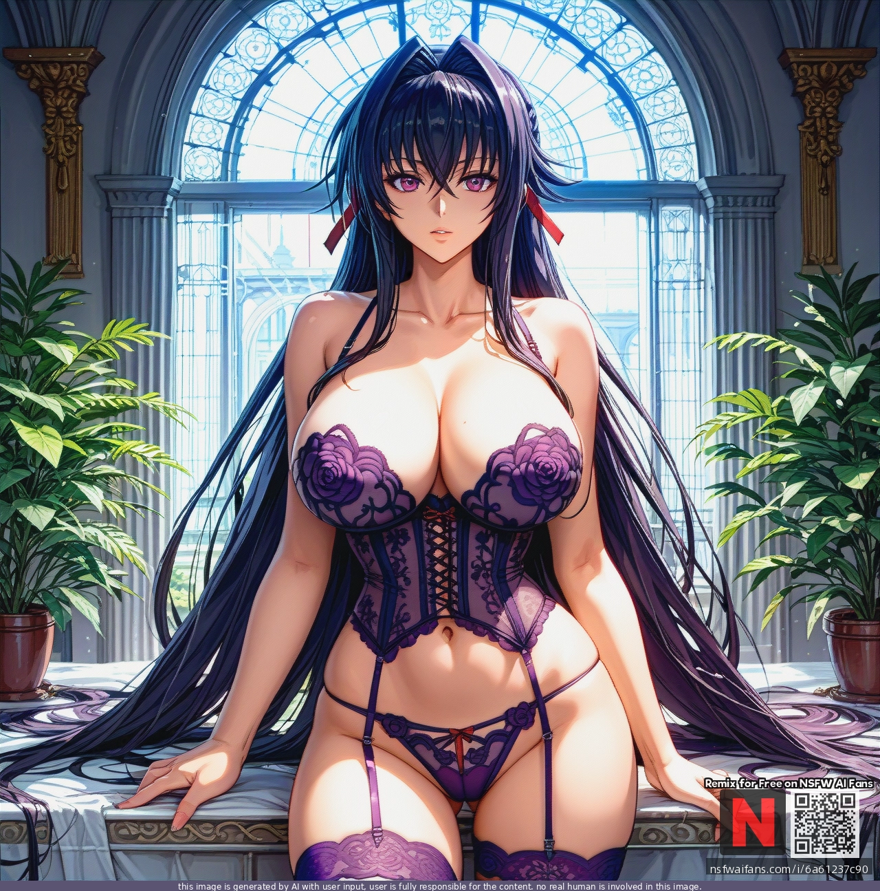 @himejima_akeno purple_lace_bustier_garter_lingerie_set, (huge_breasts), sheer_floral_lace, underwire_cups, fitted_waist, matching_lace_thong, integrated_garter_straps, purple_thigh-high_stockings, elegant_luxury_lingerie