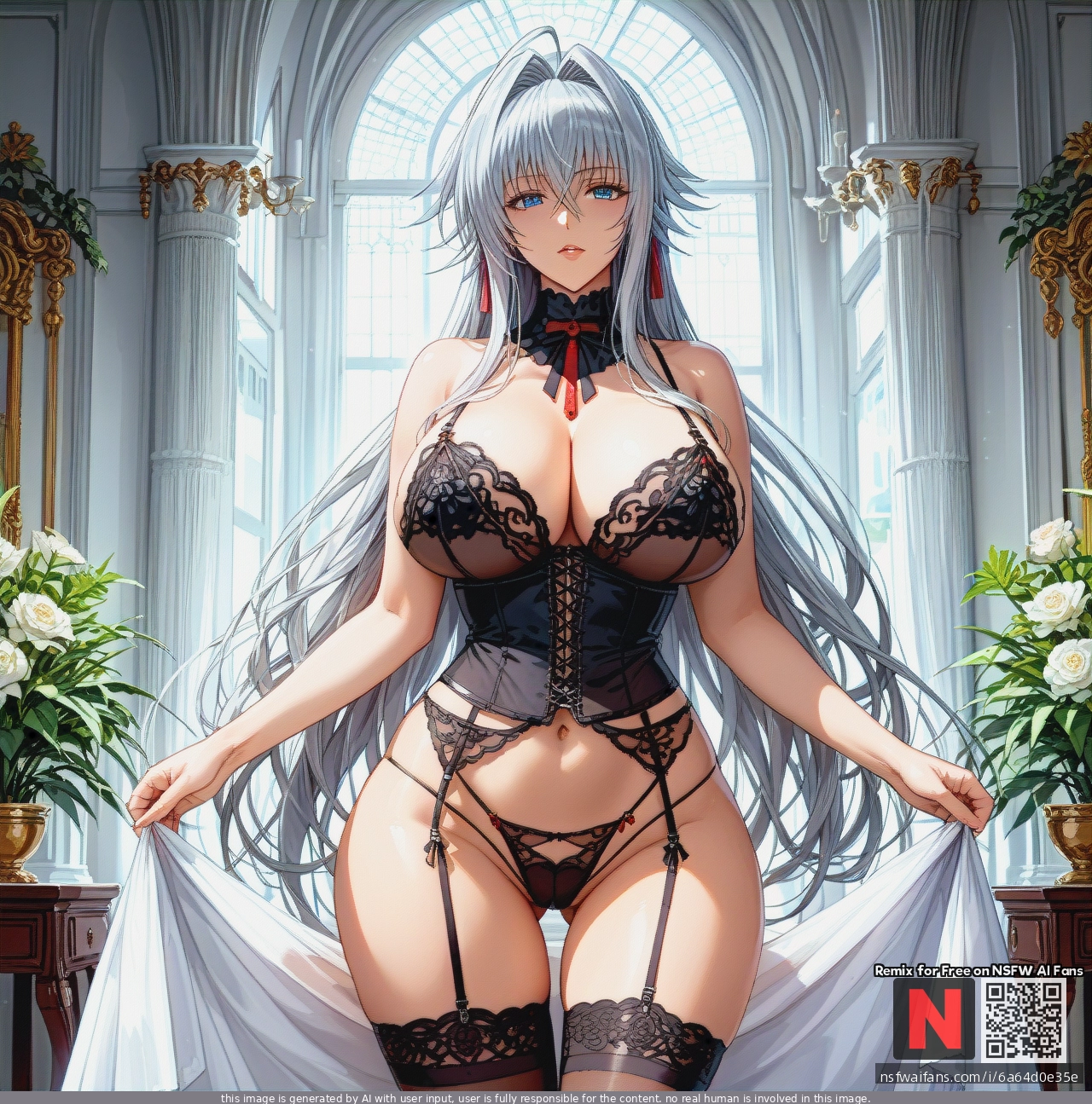 @rossweisse Silver_hair, Black_lace_bustier_garter_lingerie_set, (huge_breasts), sheer_floral_lace, underwire_cups, fitted_waist, matching_lace_thong, integrated_garter_straps, black_thigh-high_stockings, elegant_luxury_lingerie, huge_ass