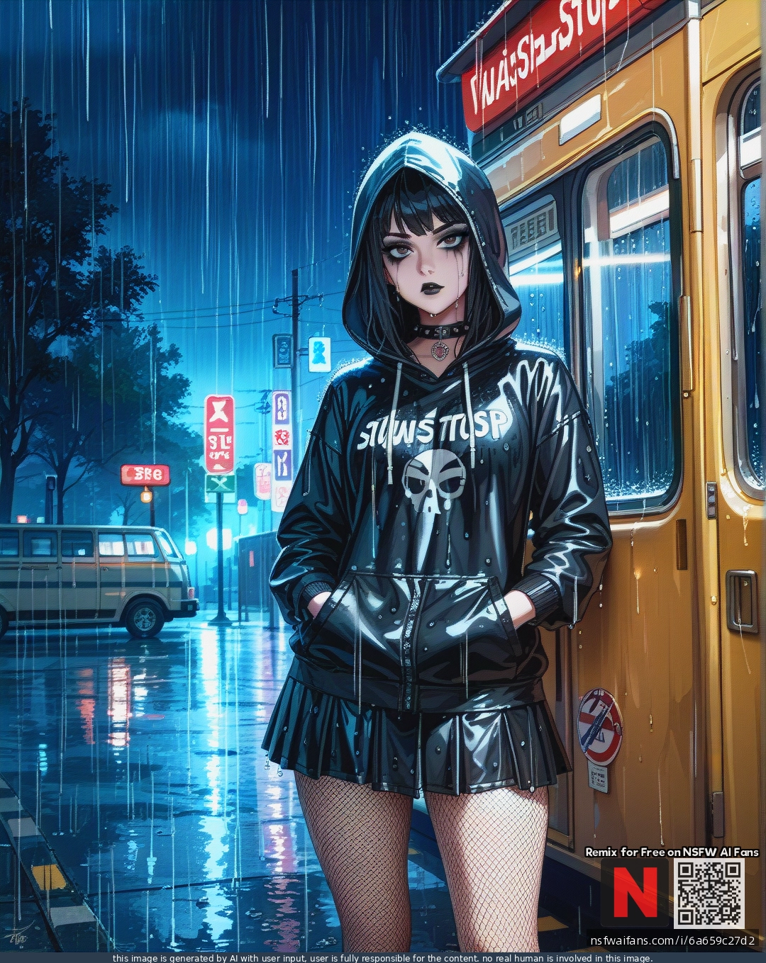 Goth, , Teen, Bus_stop, rain, Night, moolight, wet_hoodie, fishnet_thights, black_makeup_runny, black_skirt,