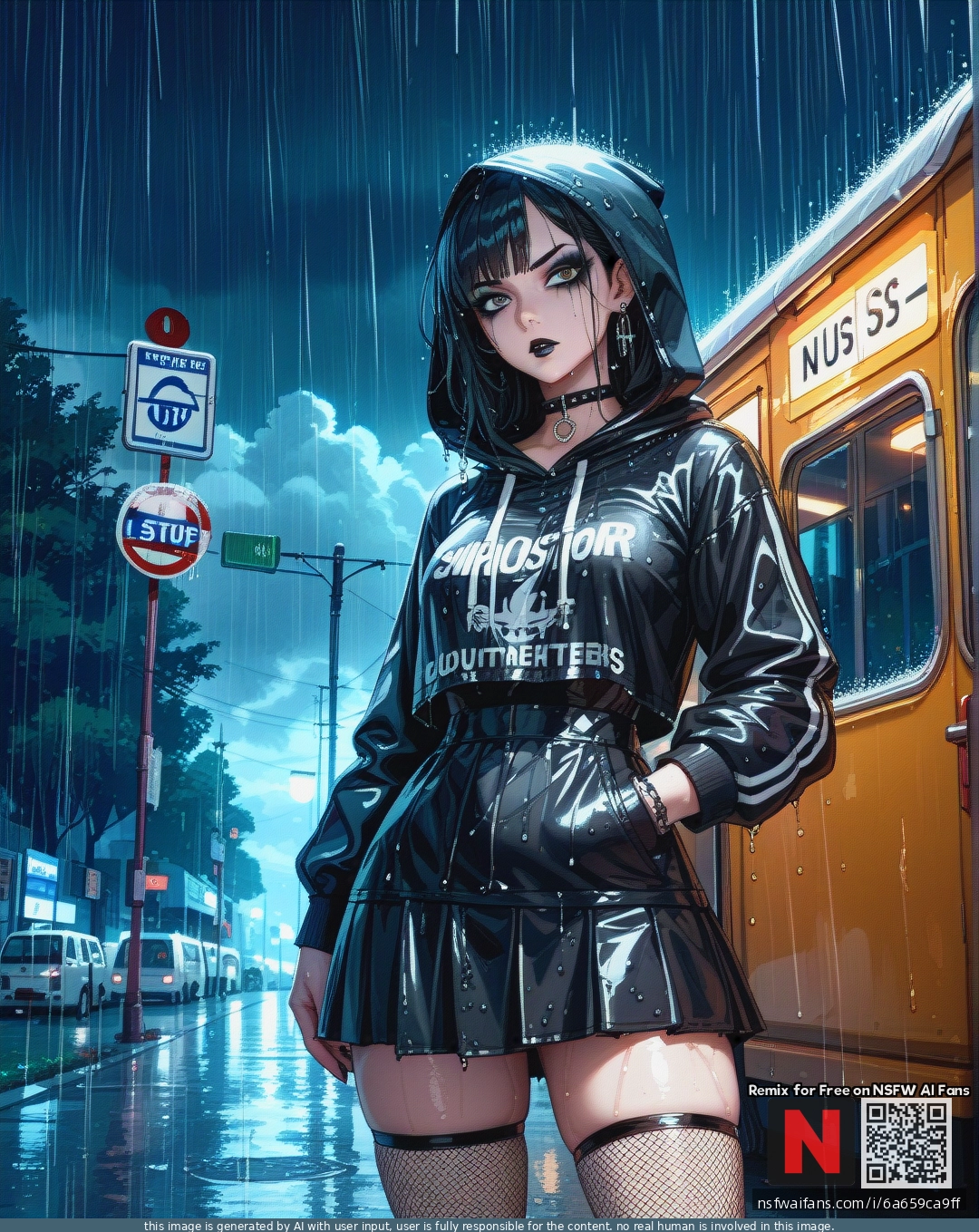 Goth, , Teen, Bus_stop, rain, Night, moolight, wet_hoodie, fishnet_thights, black_makeup_runny, black_skirt,